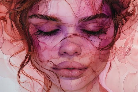 Beautiful woman face with pink watercolor paint on her skin.の写真素材