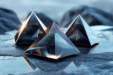 3d rendering of blue pyramids on black reflective surface with reflectionの写真素材