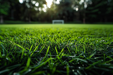 Close up view of green grass soccer field in the morning light.の写真素材