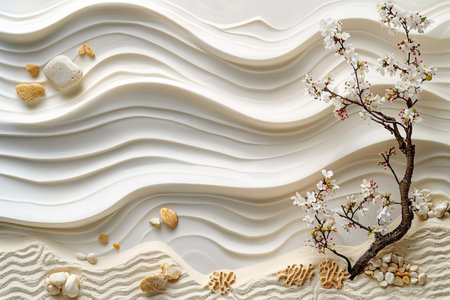 White marble background with a branch of a blossoming treeの写真素材