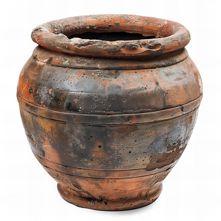Old clay pot isolated on white background. Clipping path included.の写真素材