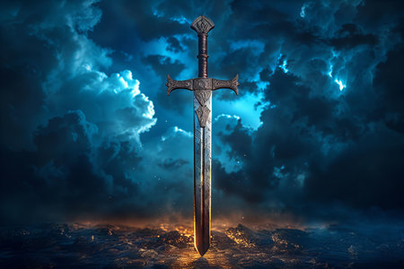 Medieval sword on stormy sky background. 3d rendering.の写真素材