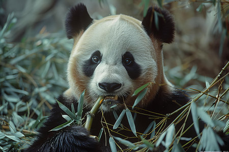 Giant panda eating bamboo leaves in the forest, Chengdu, Chinaの写真素材