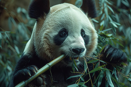 Giant panda eating bamboo. Chengdu, Sichuan Province, China.の写真素材