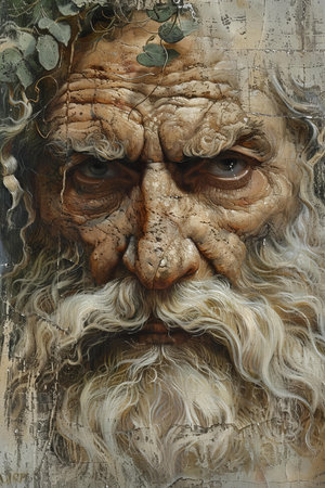 Portrait of old man with long beard and mustache on the wallの写真素材