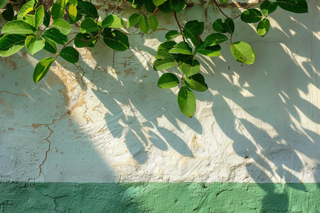 Green leaves on old white wall background with shadow of tree branch.の写真素材