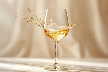 white wine splashing out of a glass on a beige backgroundの写真素材