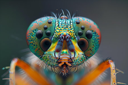 Macro shot of the head of a robber fly (Asilidae)