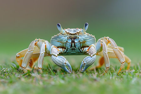 Close up of a blue crab on grass in the rainforest.