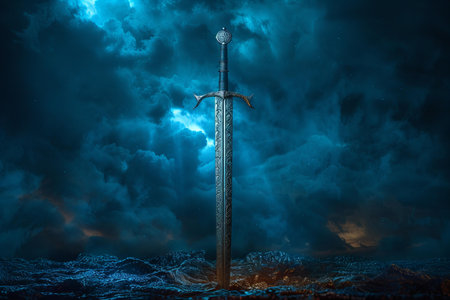 Medieval sword in the dark stormy sky. 3D renderingの写真素材