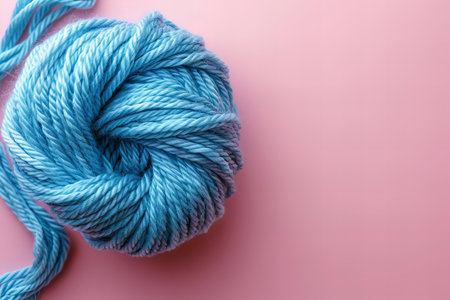 Blue yarn ball on pink background. Top view. Copy space.の写真素材