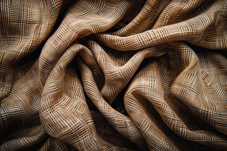 Texture, background, pattern. The fabric is brown, with a checkered pattern. The material is photographed in the studioの写真素材