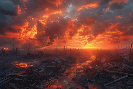 Dramatic sunset over the ruins of a destroyed building. 3d renderの写真素材