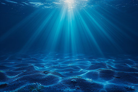 Underwater view of the sunbeams breaking through the water surfaceの写真素材