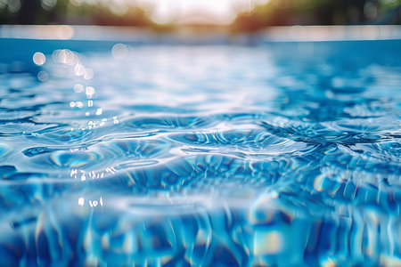 Blue water surface with bokeh and sun light in swimming pool
