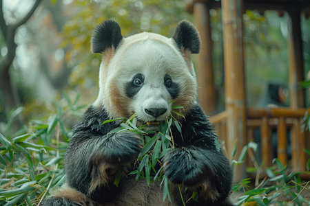 Panda bear eating bamboo in the park, Chengdu, Chinaの写真素材