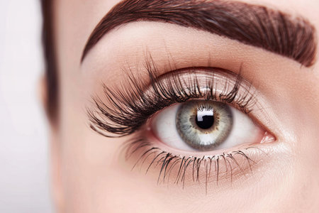 Close up of beautiful woman's eye with long false eyelashes.の写真素材