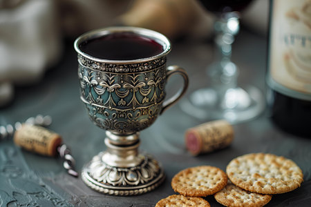 Cup of wine and crackers on the table. Selective focus.の写真素材