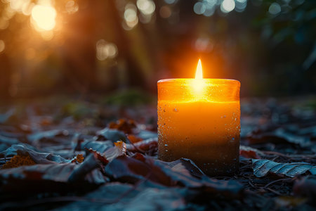 Burning candle in the autumn forest. Shallow depth of field.の写真素材