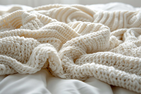 White knitted plaid on bed close up. Cozy winter concept.