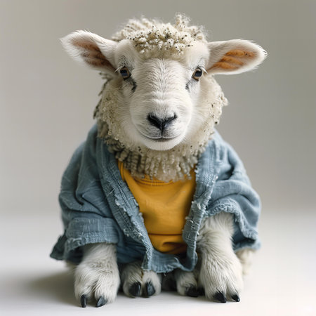 Sheep in a jeans jacket sitting on the floor, studio shot
