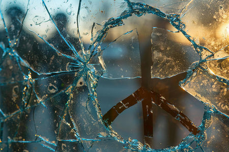 Close up of a broken glass with a peace sign in the foreground.の写真素材