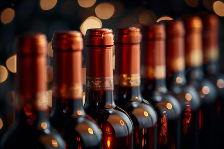 Bottles of red wine on a dark background with bokehの写真素材