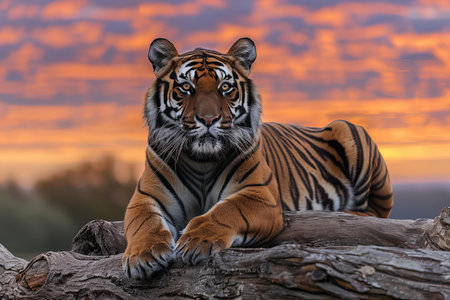 Tiger sitting on a log with beautiful sunset in the background.の写真素材