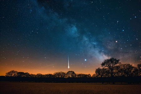 Milky Way over a field with trees in the foreground at night