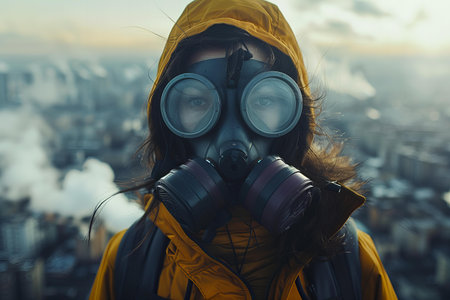 Woman wearing gas mask against the background of the city.の写真素材