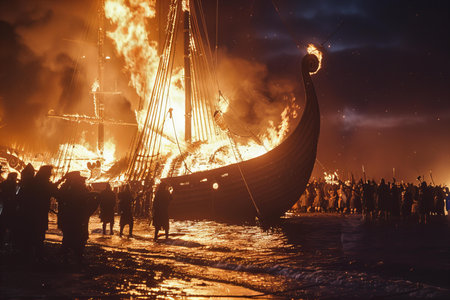 Pirate ship in the sea at night. Fire and smoke.の写真素材
