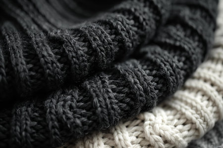 Knitted woolen clothes background, closeup. Black and white.