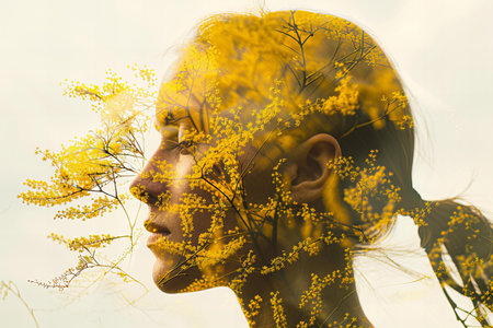 Double exposure portrait of young beautiful woman with yellow flowers in her hairの写真素材