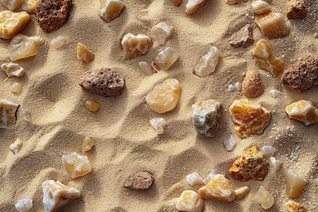 Seamless pattern with natural mineral stones on sand, top viewの写真素材