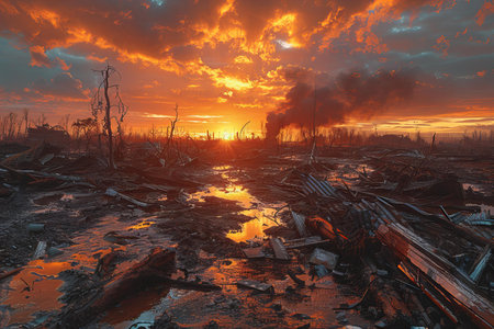 Dramatic sunset over the forest after a big fire. 3d render