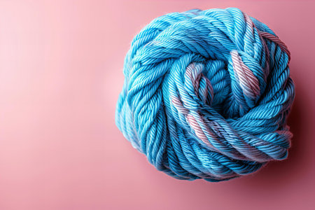 blue ball of yarn for knitting on a pink background, top viewの写真素材