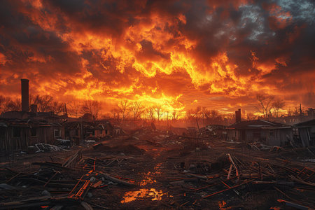 Dramatic sunset over a ruined house in the middle of the forestの写真素材