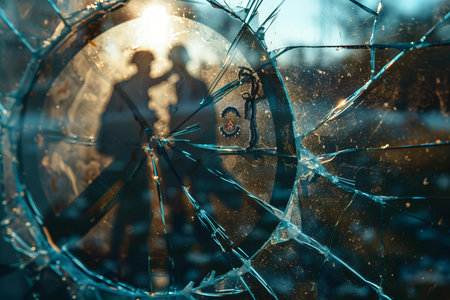 Broken glass on the background of a loving couple. The concept of divorce.