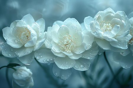 Beautiful white peony flowers with water drops on blue background.の写真素材