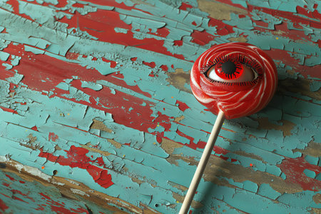 Red lollipop with the image of the evil eye on a wooden backgroundの写真素材
