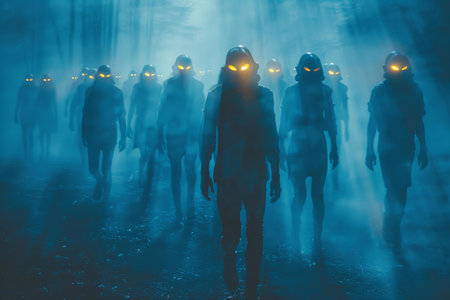 Silhouette of a group of people standing in the middle of a foggy road.