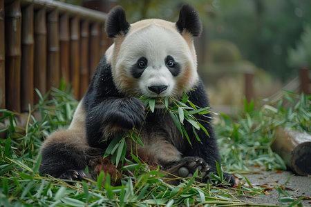 Panda bear eating bamboo leaves in the park, Chengdu, Chinaの写真素材