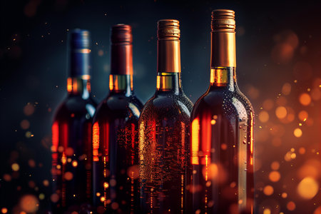 Bottles of red wine on dark background. 3D illustration.の写真素材