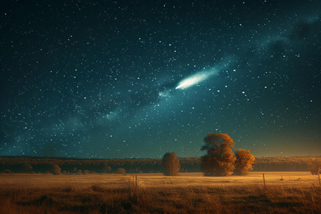 Night sky with stars and milky way over meadow and treesの写真素材