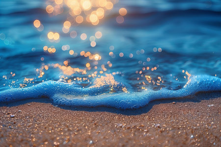 Soft wave on the sandy beach with bokeh light background.の写真素材