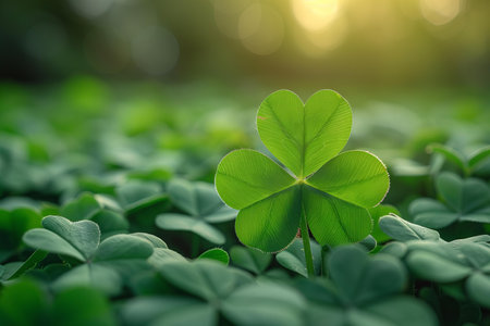 Green clover leaf on blurred background. St. Patrick's Day concept.の写真素材