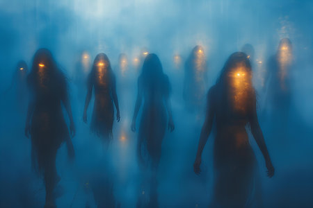 Silhouette of a group of scary zombies walking in the dark. Halloween concept.