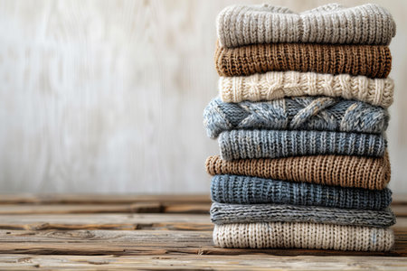 Stack of knitted sweaters on wooden background. Winter clothing.