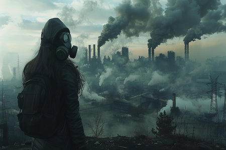 Woman in gas mask against the background of an industrial landscape. 3d renderの写真素材