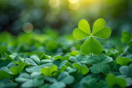 Green clover leaves on blurred bokeh background, shallow depth of fieldの写真素材